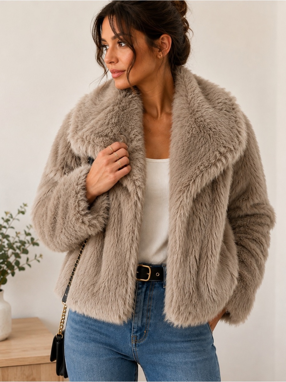 Taupe Plush Faux Fur Jacket M